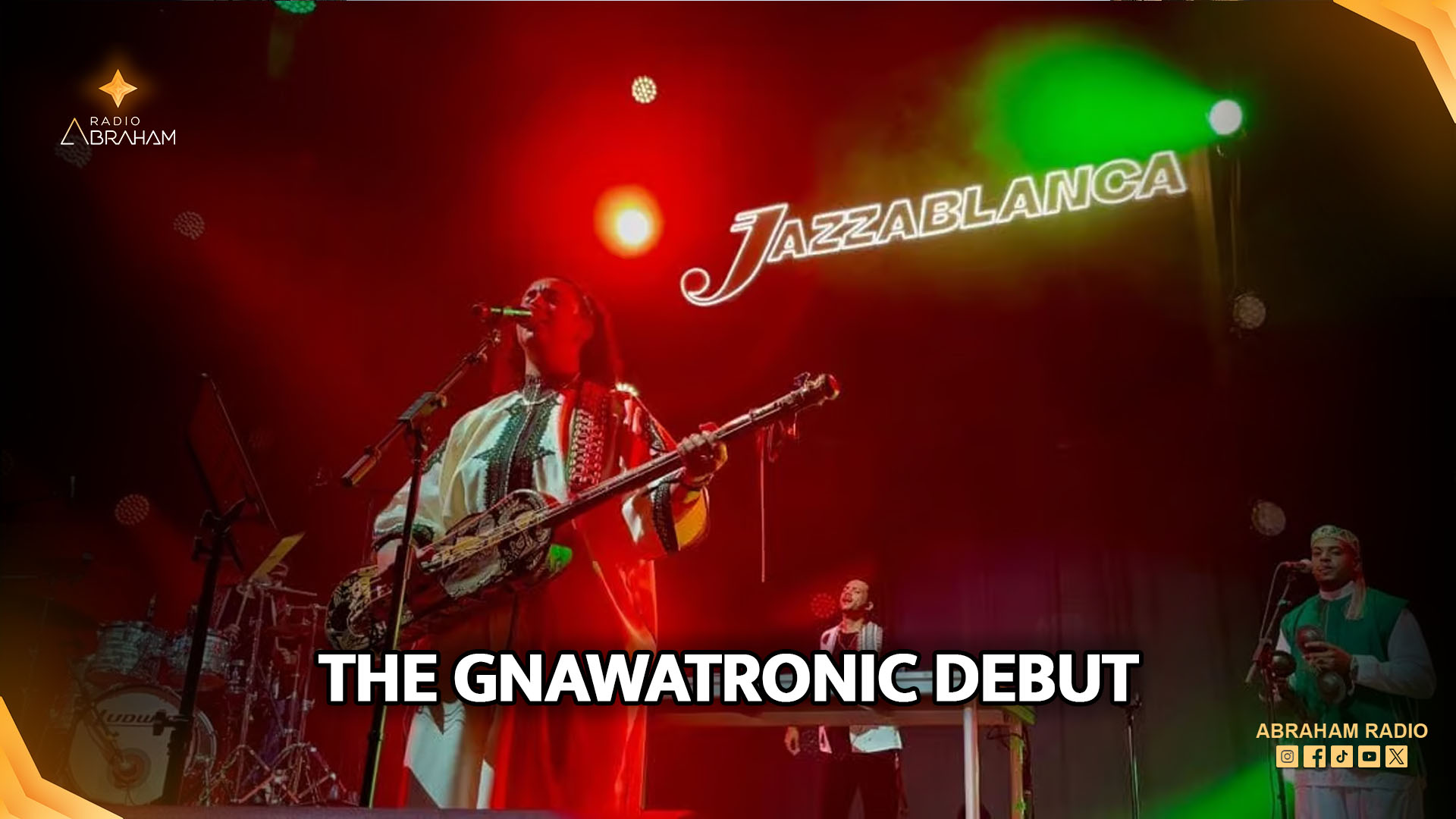Moroccan artists Hind Ennaira and Omar Y performing their electronic-Gnawa project on stage.
